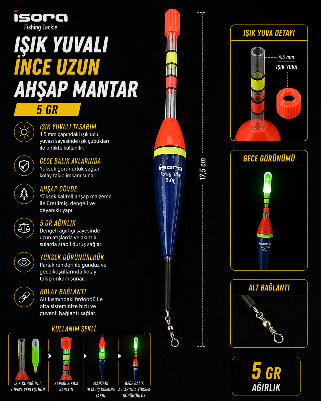 İsora Fishing Tackle 5gr Işık Yuvalı İnce Uzun Ahşap Mantar/Şamandıra